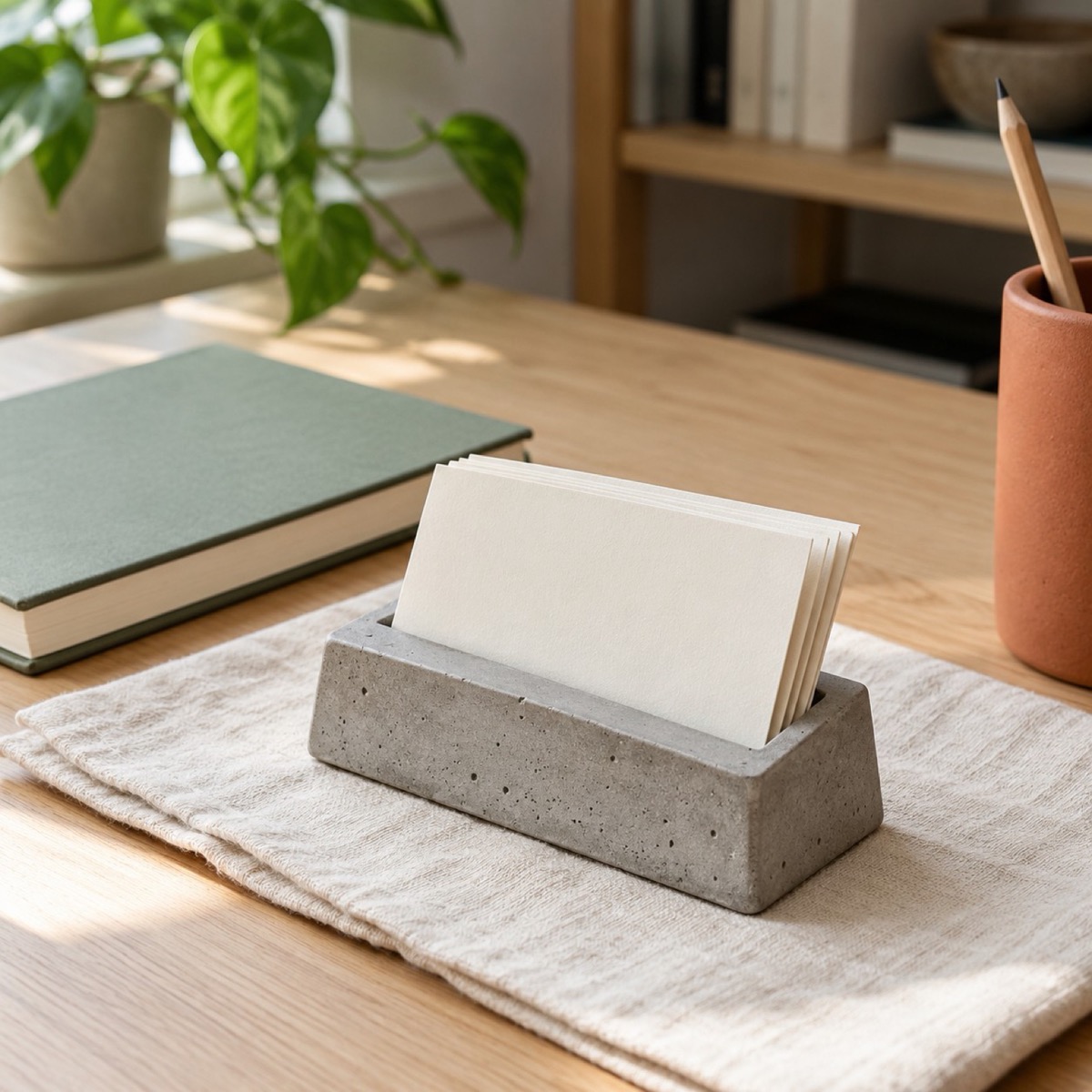 A gray concrete card holder with business cards on a desk