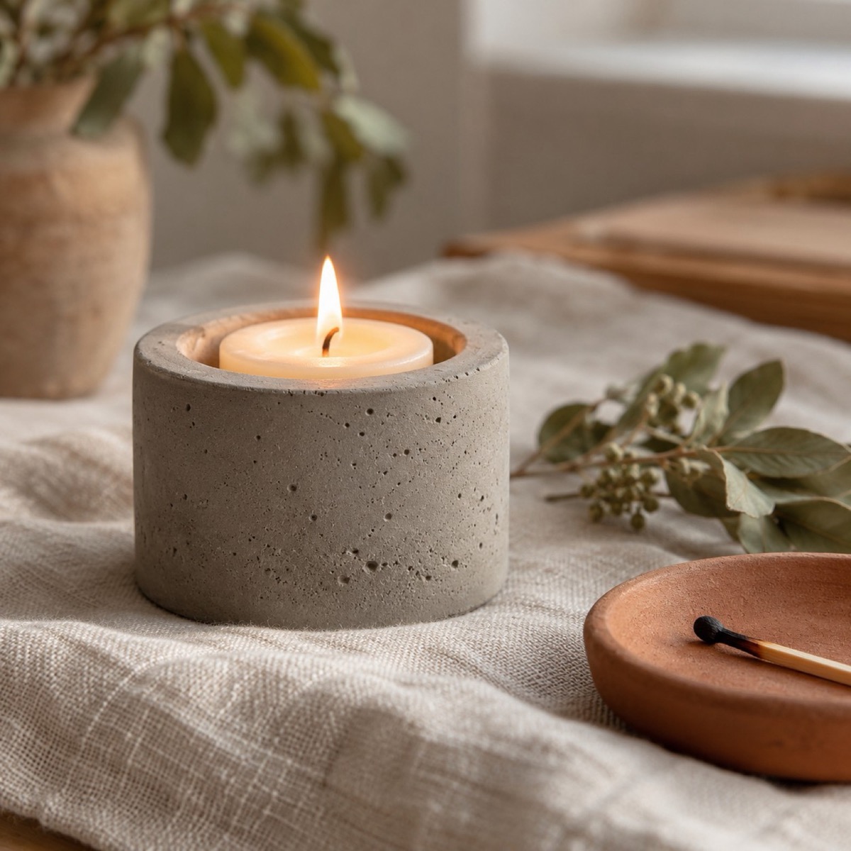Two concrete candle holders glowing on a shelf