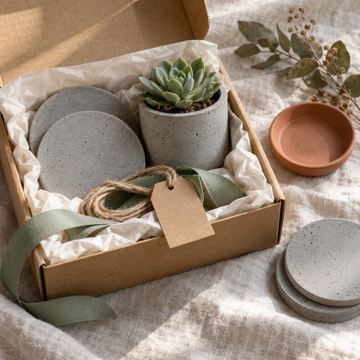 A housewarming gift set with concrete coasters and a mini planter