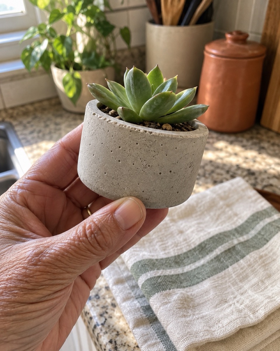 A finished set of four concrete coasters on a kitchen table