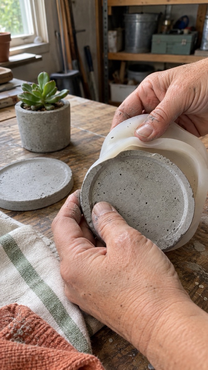Hands lifting a gray concrete coaster from a silicone mold beside a finished mini planter on a garage table