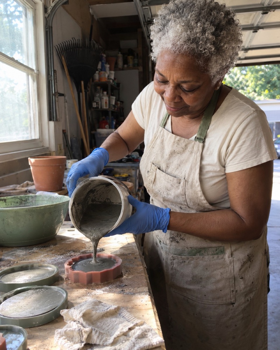 A woman pouring concrete mix into a silicone coaster mold on a garage workbench beside a cup of tea